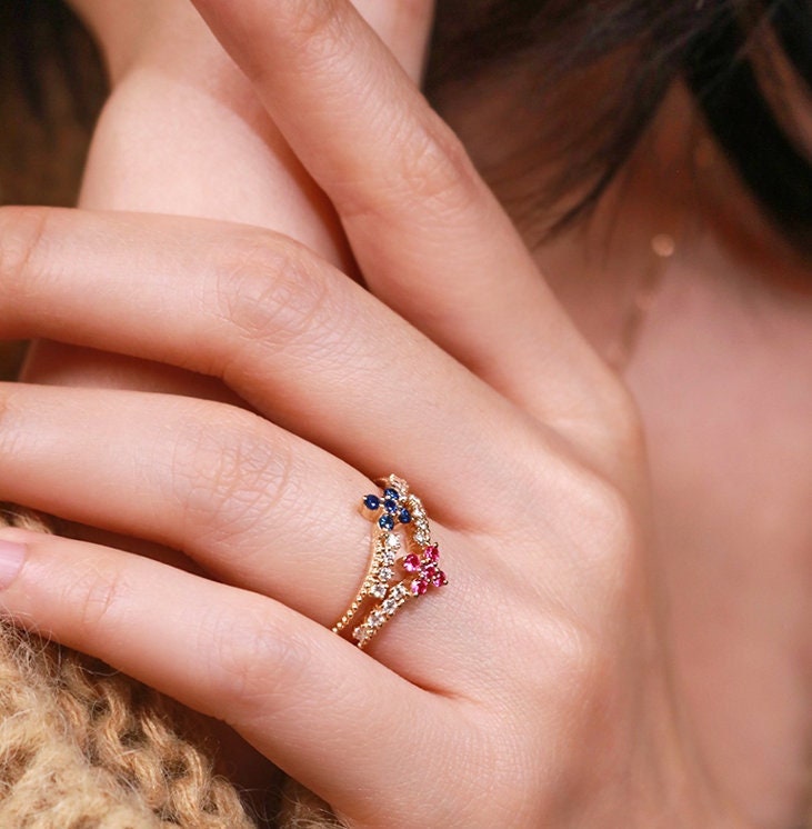 Ruby & Blue Sapphire Band Ring in 18K Yellow Gold