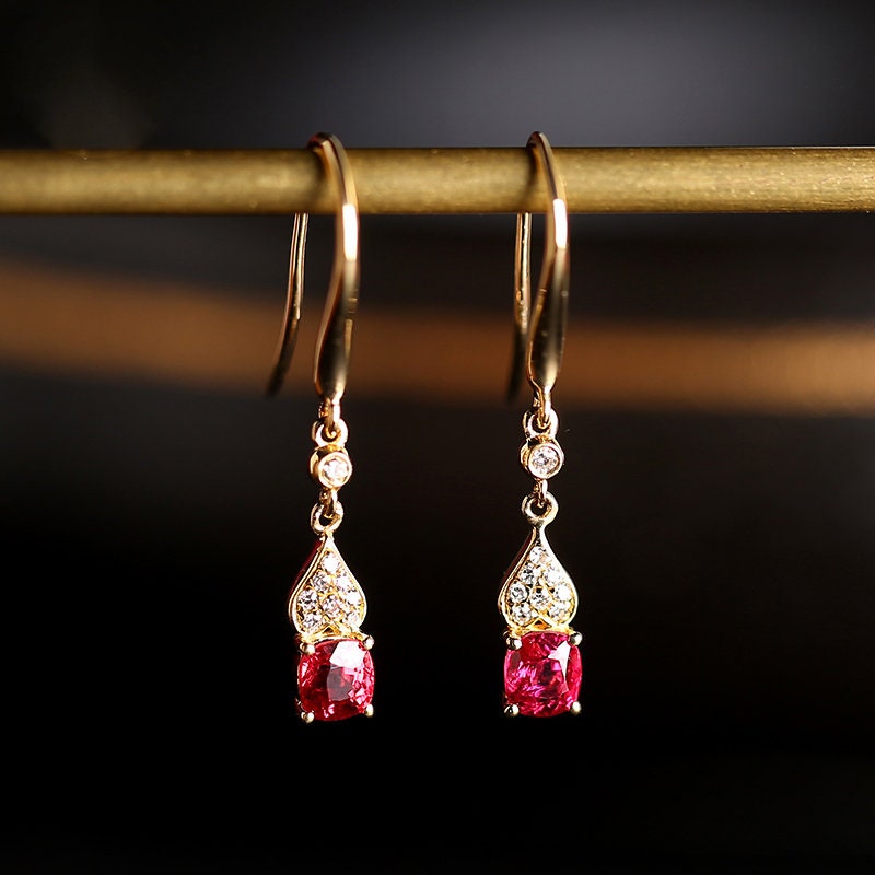 Red Spinel Cushion Hook Earrings - 18K Yellow Gold