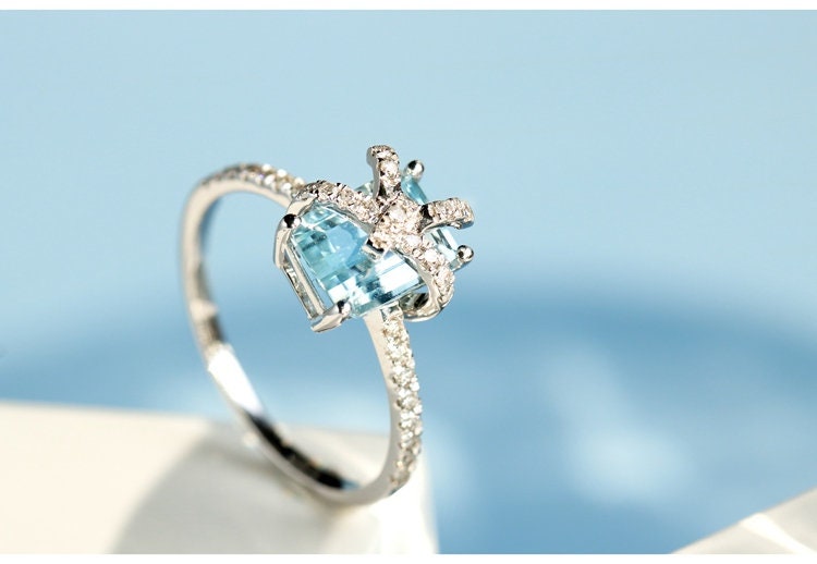 Aquamarine Diamond Ring - Emerald Cut 18K White Gold Bow Ring
