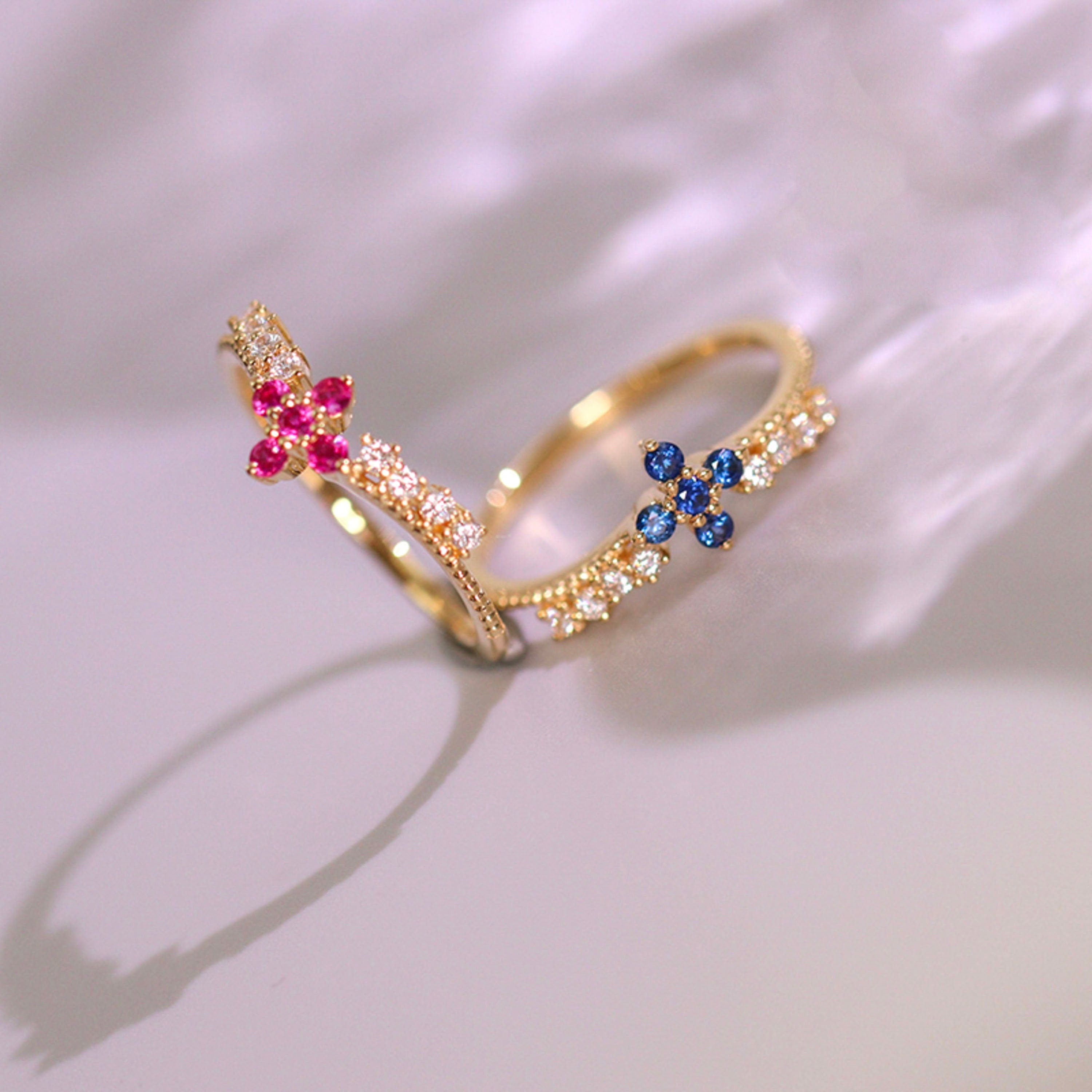 Ruby & Blue Sapphire Band Ring in 18K Yellow Gold