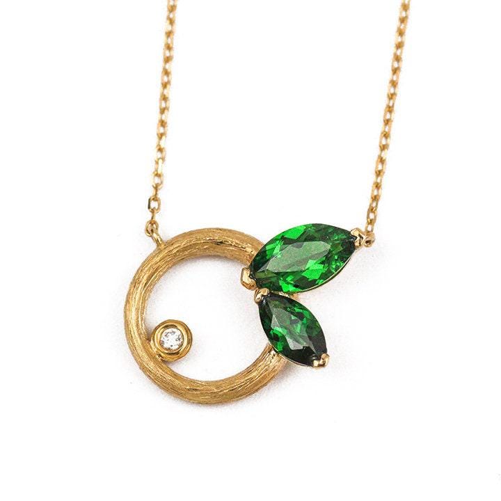Leaf Design Tsavorite Necklace with Diamond in 18K Yellow Gold