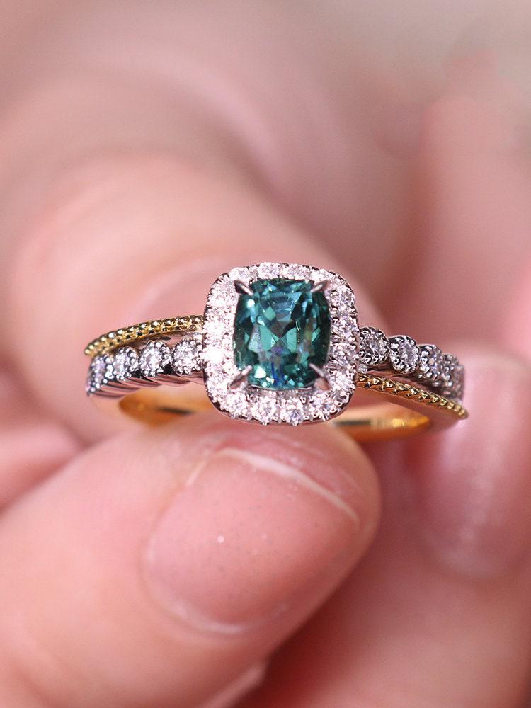Teal Tourmaline Stackable Ring - 18K Two Tone Gold