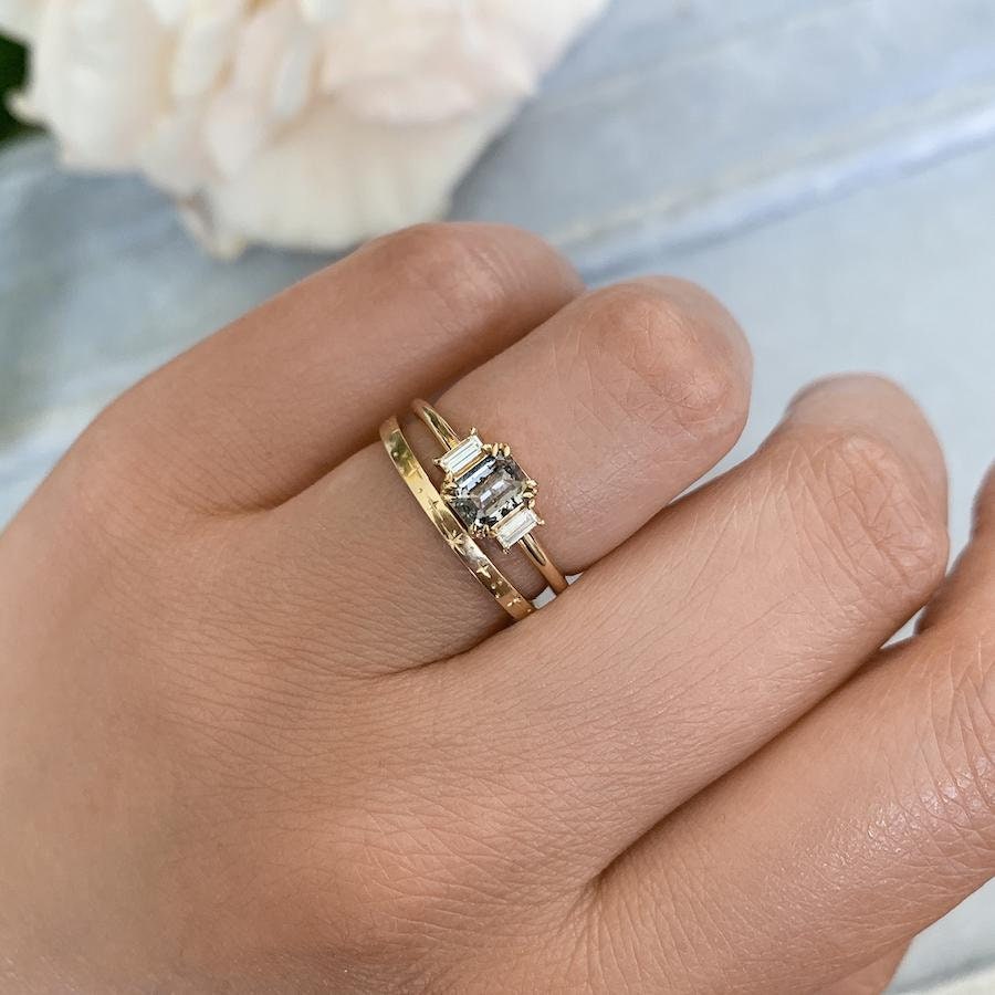 Emerald Cut Salt and Pepper Diamond 18K Gold Engagement Ring