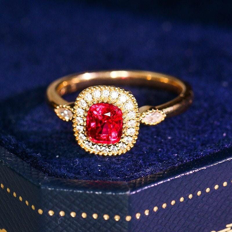Red Spinel Cushion & Diamond Halo Ring - 18K Yellow Gold