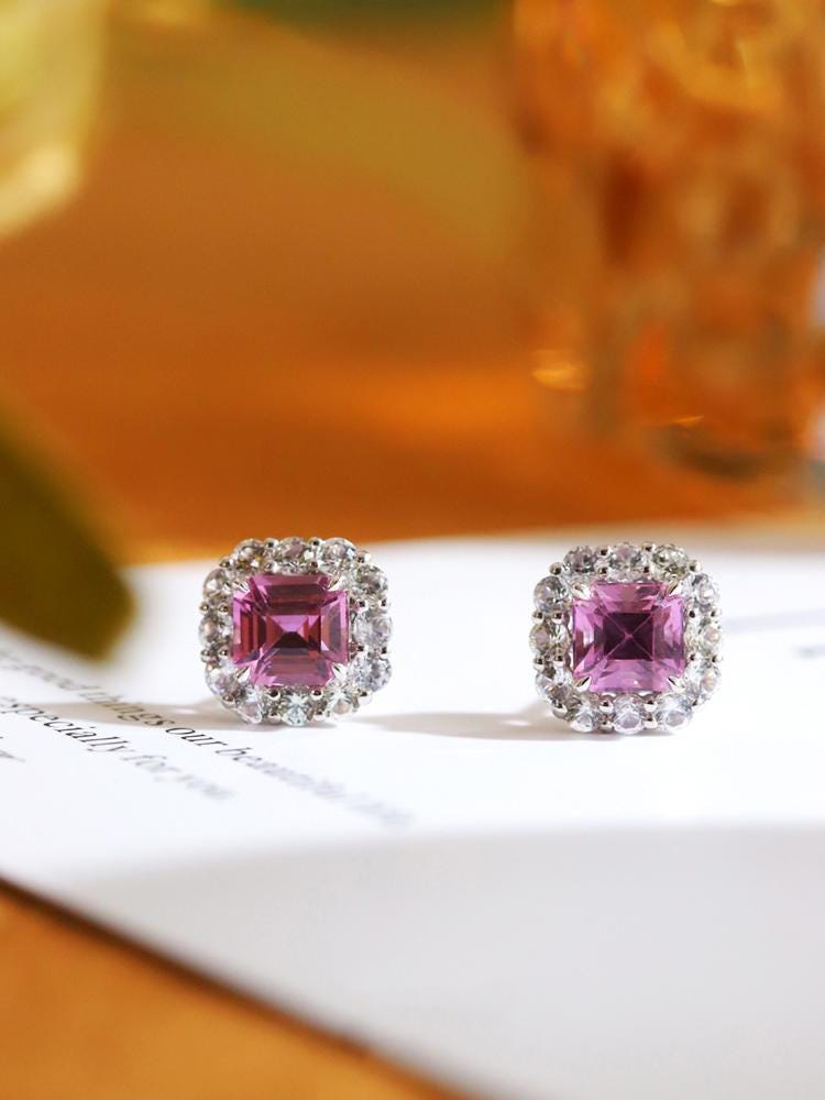 Padparadscha Sapphire & Diamond Halo Earrings - Platinum 950