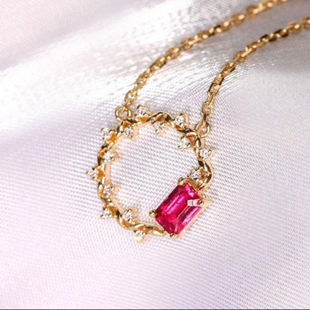 Pink Red Spinel with Diamond Necklace - 18K Yellow Gold