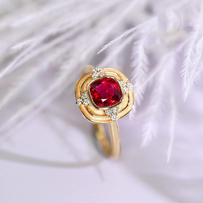 1ct Red Spinel Cushion & Diamond Ring - 18K Yellow Gold