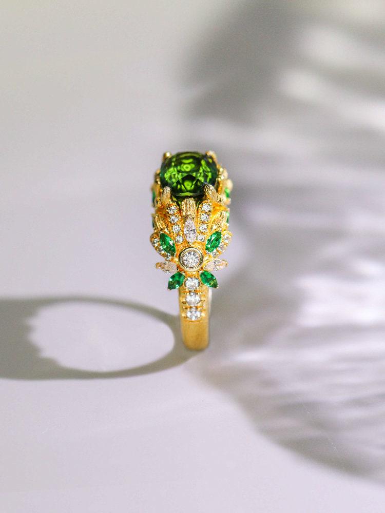 2.46ct Green Tourmaline Engraved 18K Gold Ring with Diamond