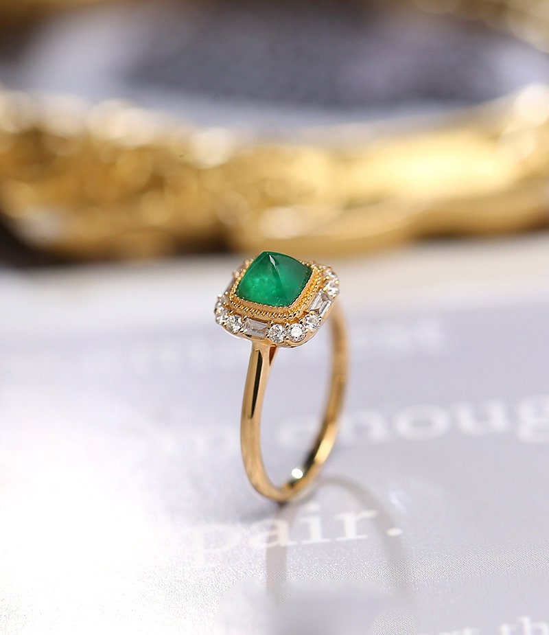 Sugarloaf Emerald Halo Diamond 18K Yellow Gold Ring