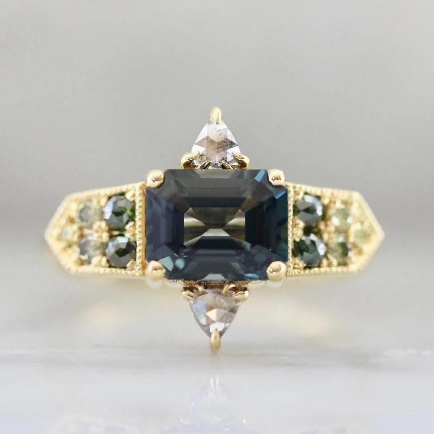 1.97ct Emerald Cut Teal Spinel & Diamond Ring in 18K Yellow Gold