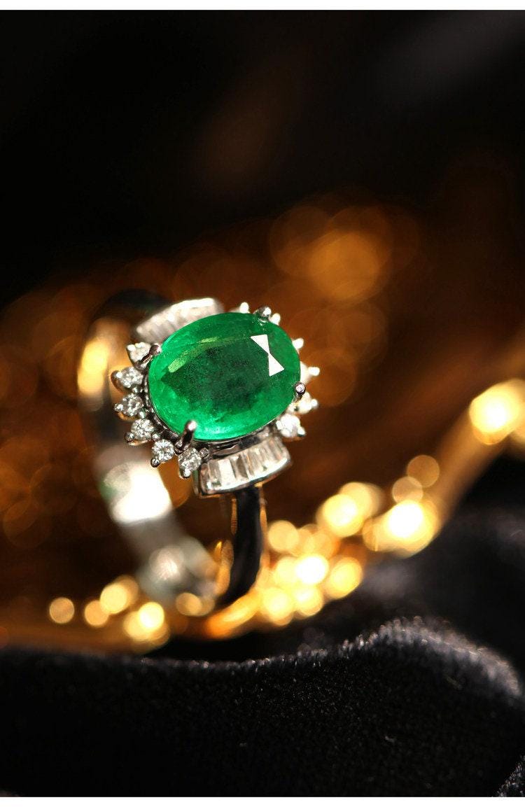 1ct Emerald Oval Cut & Diamond Ring in 18K White Gold