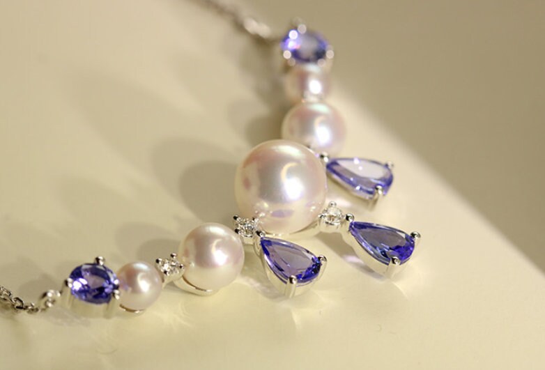 Blue Tanzanite & Akoya Pearl Cluster Necklace - 18K White Gold
