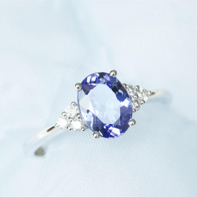 1.5ct Oval Blue Tanzanite & Diamonds Wedding Ring - 18K White Gold
