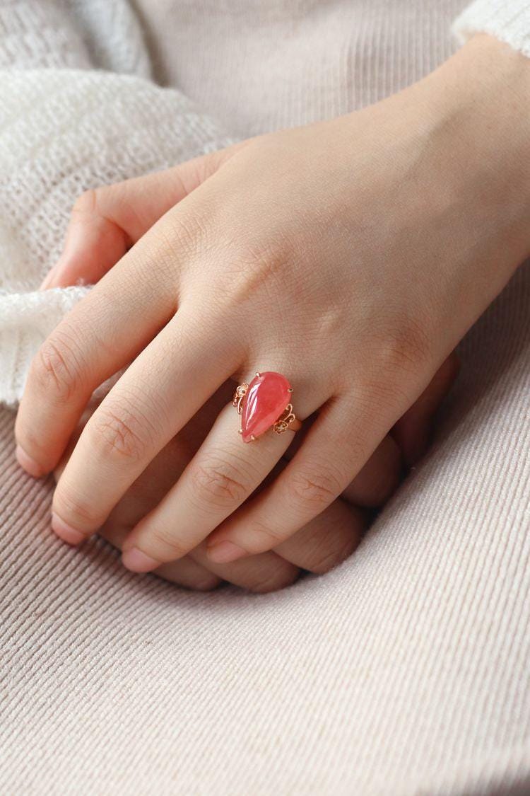 11ct Rhodochrosite Teardrop Cut & Diamond Ring in 18K Gold