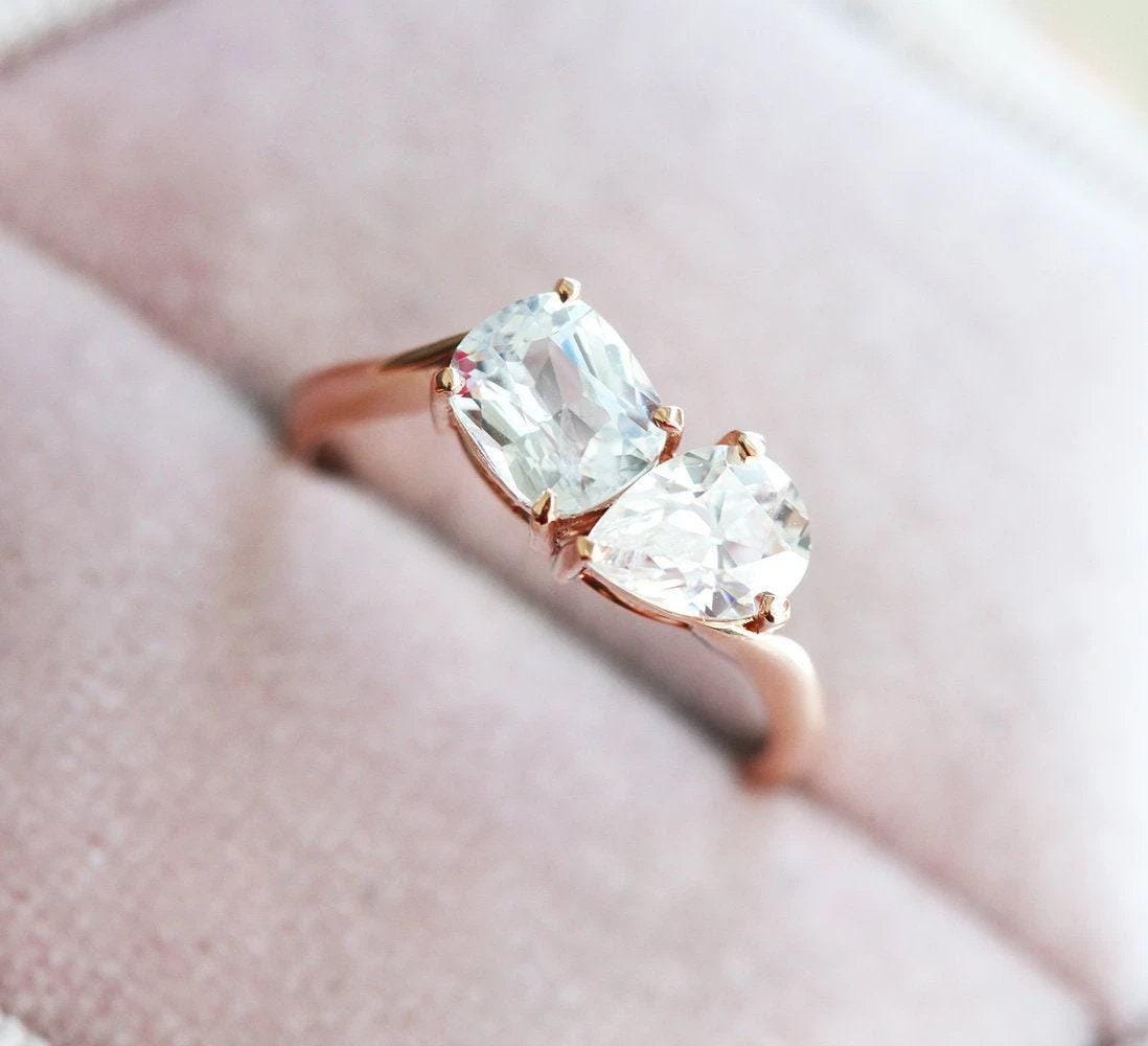 White Sapphire Two Stone Engagement Ring - 18K Rose Gold