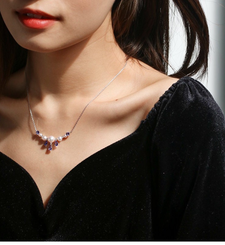 Blue Tanzanite & Akoya Pearl Cluster Necklace - 18K White Gold