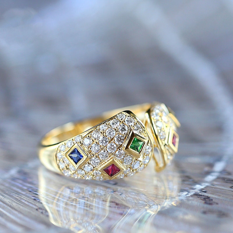 Cluster Design Tsavorite & Sapphire Ring - 18K Yellow Ring