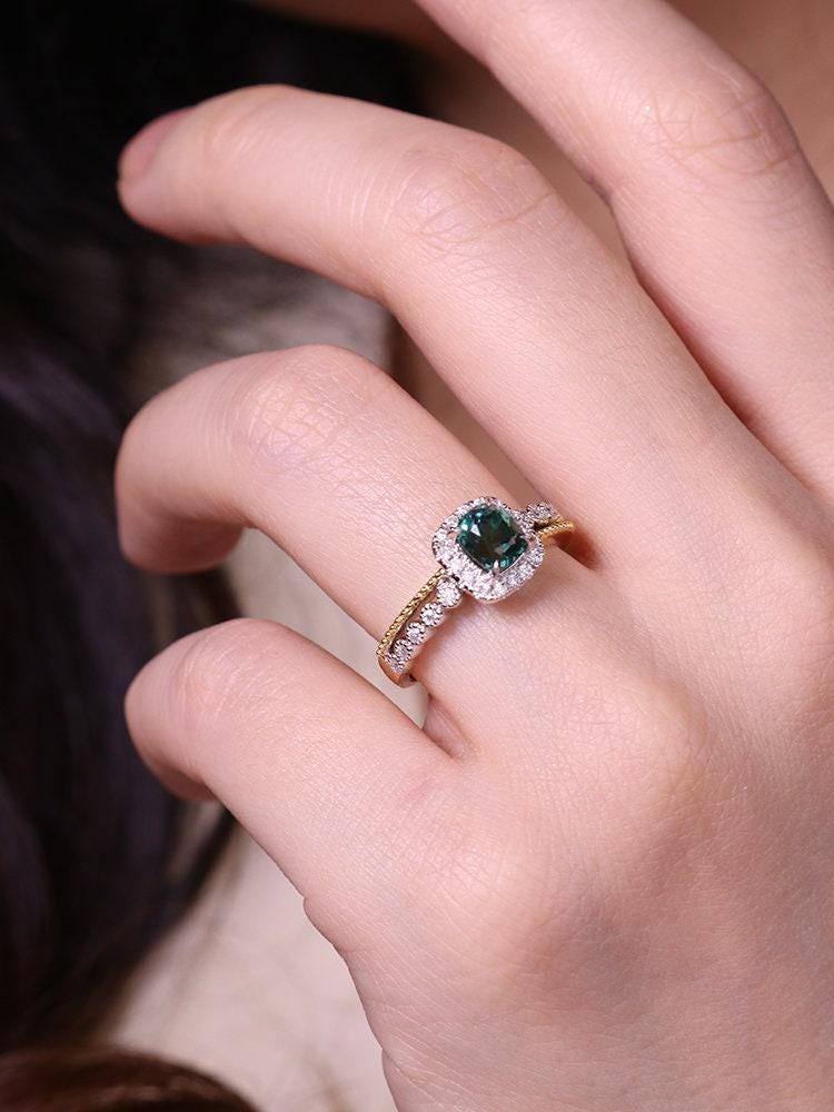 Teal Tourmaline Stackable Ring - 18K Two Tone Gold