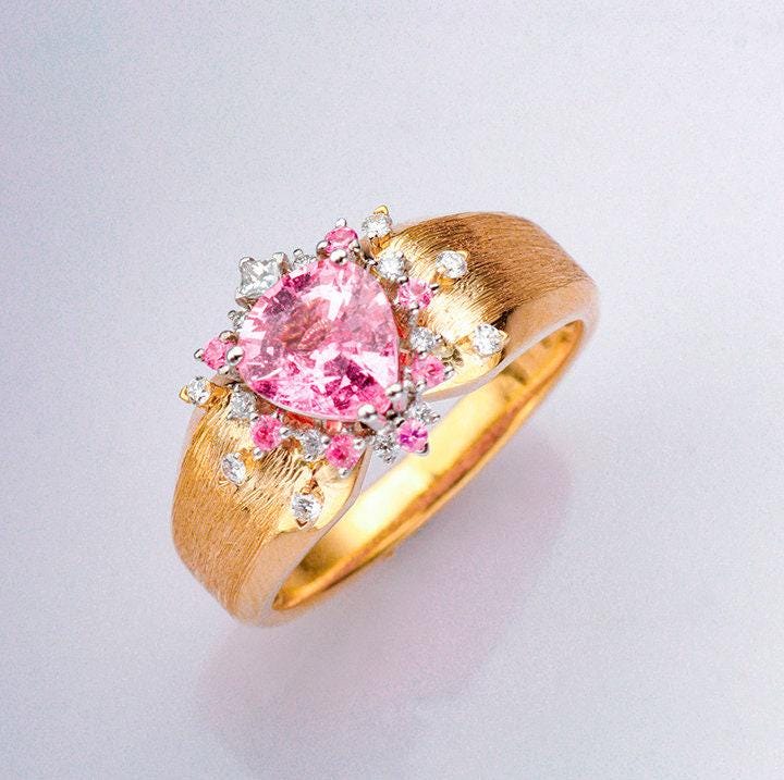 Trilliant Padparadscha Sapphire 18K Brusheded Ring with Diamonds