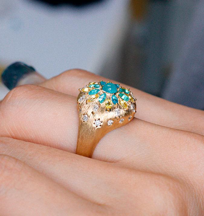 Brazil Paraiba Tourmaline & Diamonds 18K Gold Brush Finish Ring