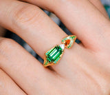 Tsavorite Emerald Cut & Fanta Garnet Ring in 18K Yellow Ring