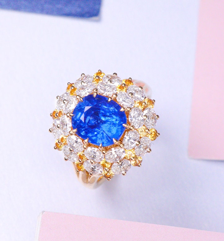 2.2ct Blue Sapphire Oval Cut 18K Gold Pendant with Huge Halo Diamond