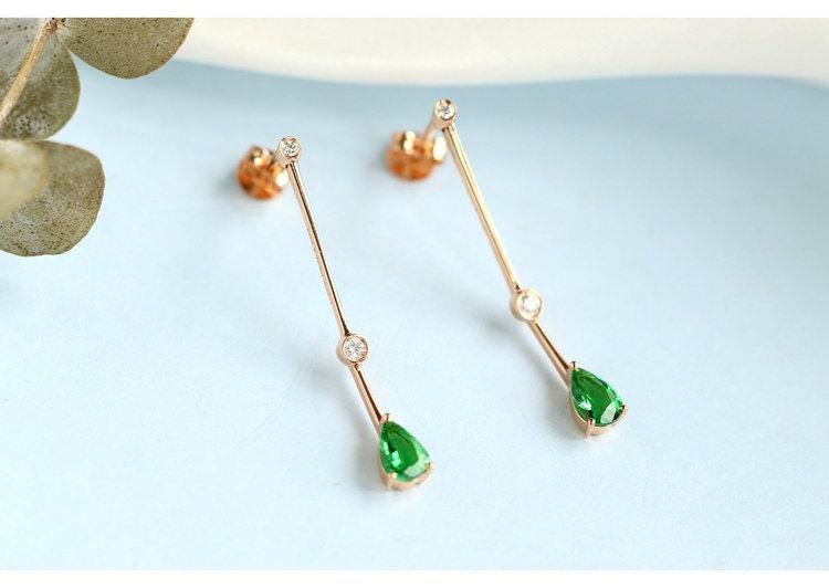 Tsavorite Teardrop Cut Earrings with Diamond in 18K Yellow Gold