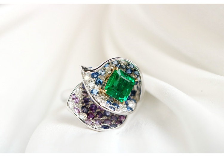 Alocasia Design Emerald & Sapphire Statement Ring in 18K Gold