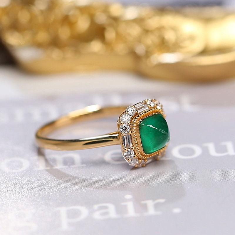 Sugarloaf Emerald Halo Diamond 18K Yellow Gold Ring