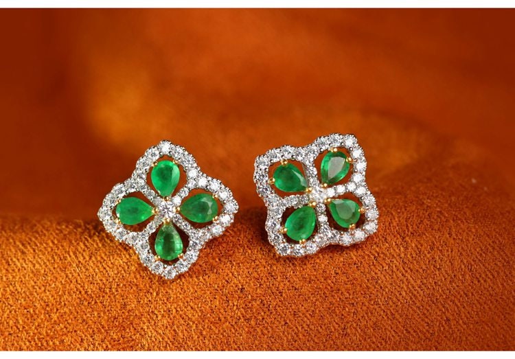 Eight Emerald & Diamond Four Leaf Clover Studs in 18k Gold