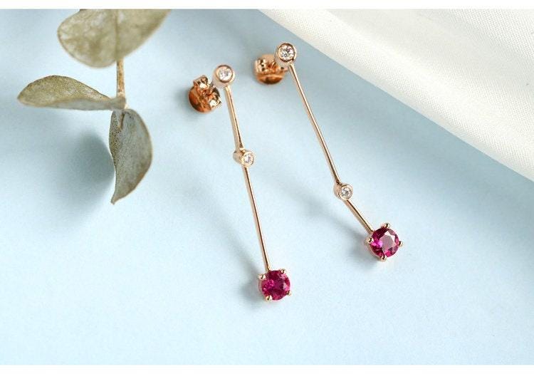 Red Tourmaline Diamond Earrings - 18K Yellow Gold Drop Earrings