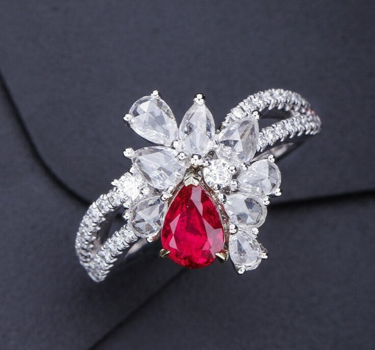 Cluster White Diamonds with Pear Ruby Platinum 950 Ring