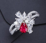 Cluster White Diamonds with Pear Ruby Platinum 950 Ring