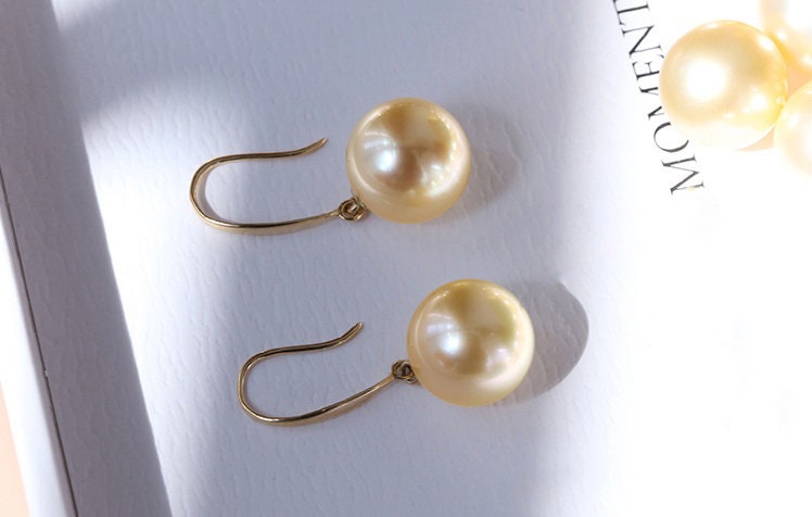 Huge 13mm South Sea Golden Pearl French Wire Earrings in 18K Gold