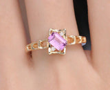 Minimalist Purple Pink Sapphire 18k Yellow Gold Ring - Hollow Out Design