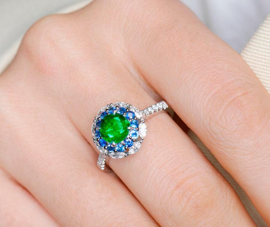 Emerald & Sapphire Halo Set Diamond Ring in 18K White Gold