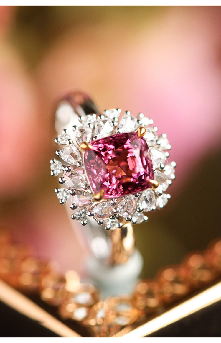 1ct Pink Red Spinel & Diamond Cluster Ring - 18K White Gold
