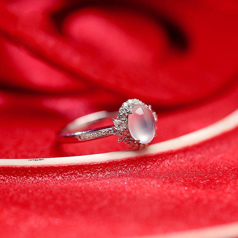 Icy Jade Cabochon & Diamond Halo Ring in 18K White Gold