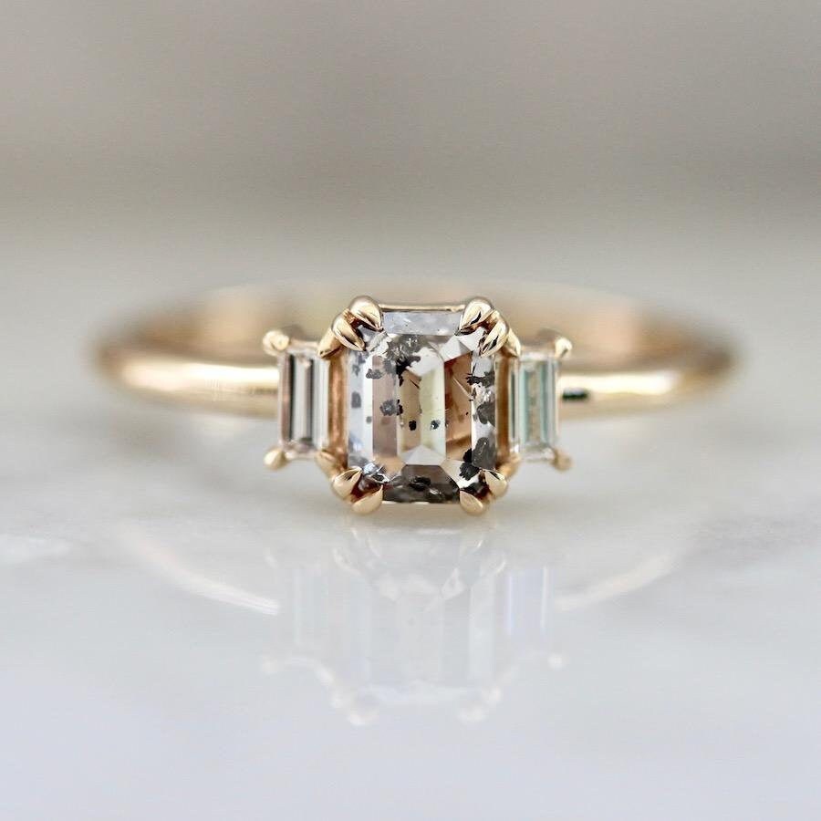 Emerald Cut Salt and Pepper Diamond 18K Gold Engagement Ring