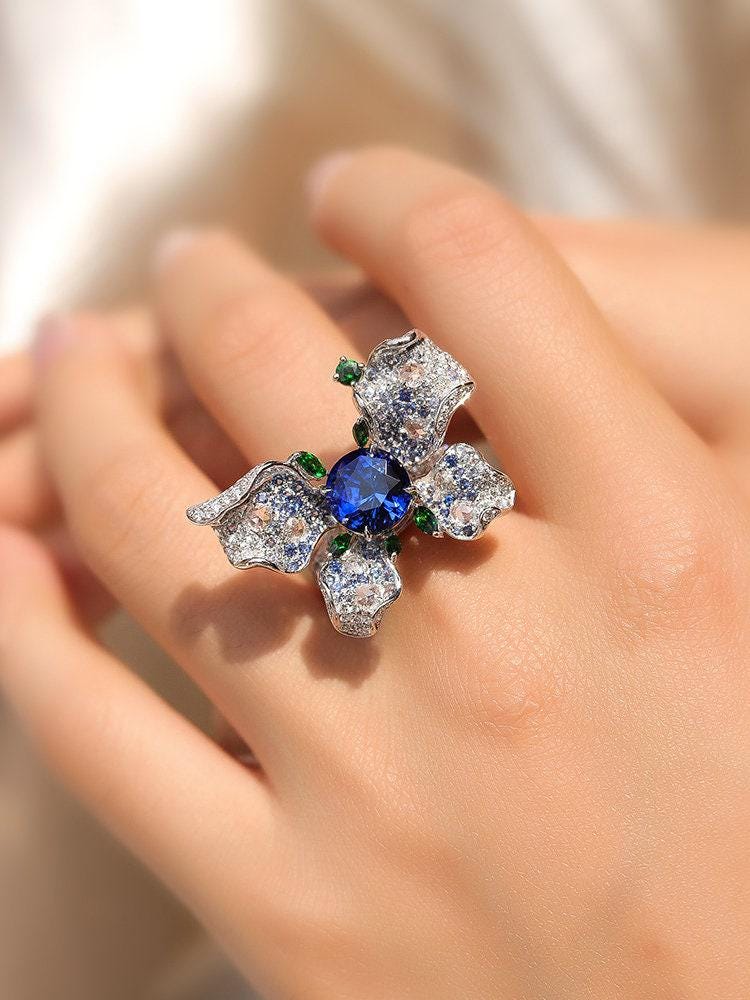 1.96ct Blue Sapphire Butterfly Ring with Diamonds in 18K Gold