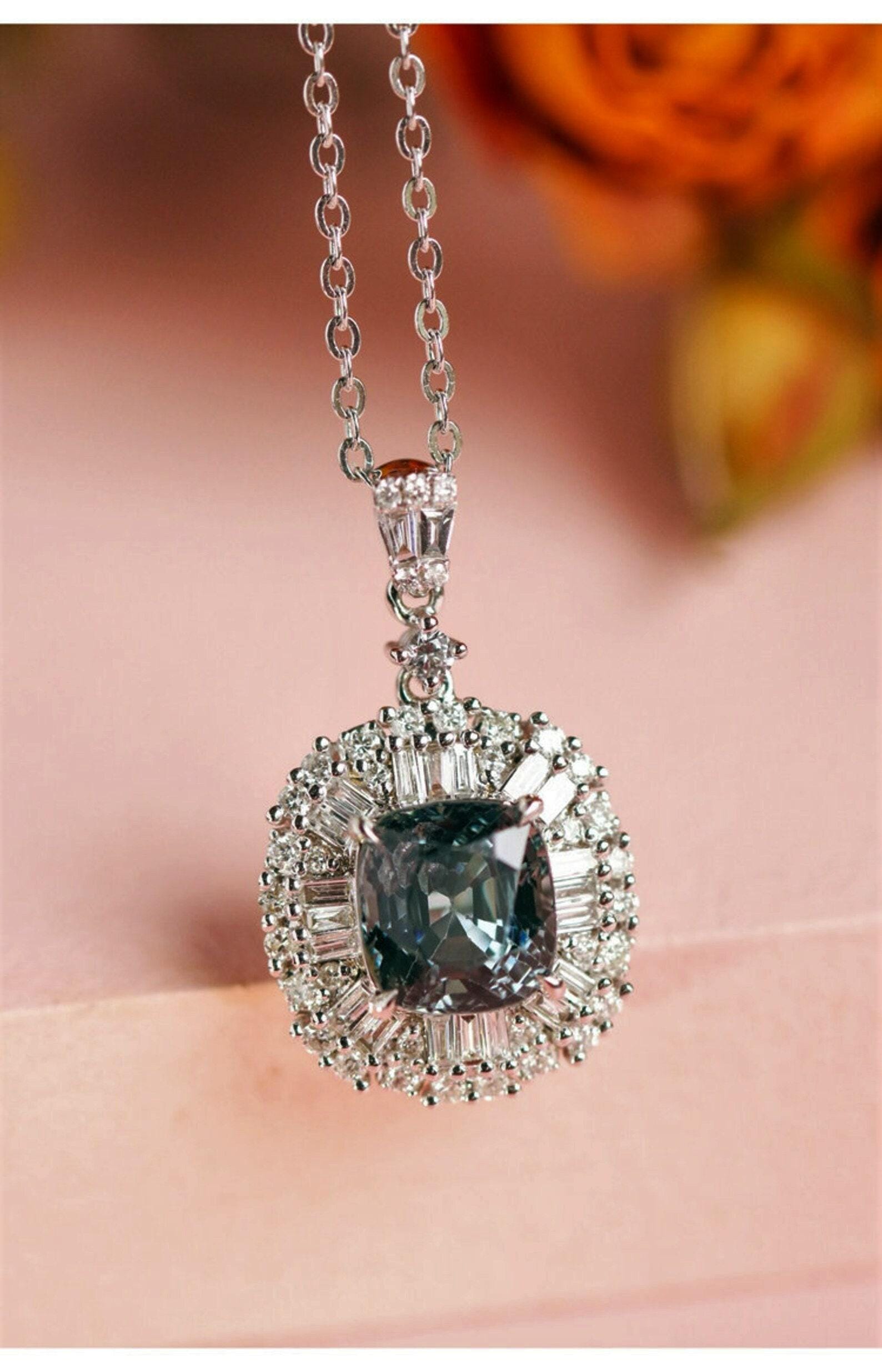 Blue Grey Spinel & Diamond Art Deco Necklace in 18K White Gold