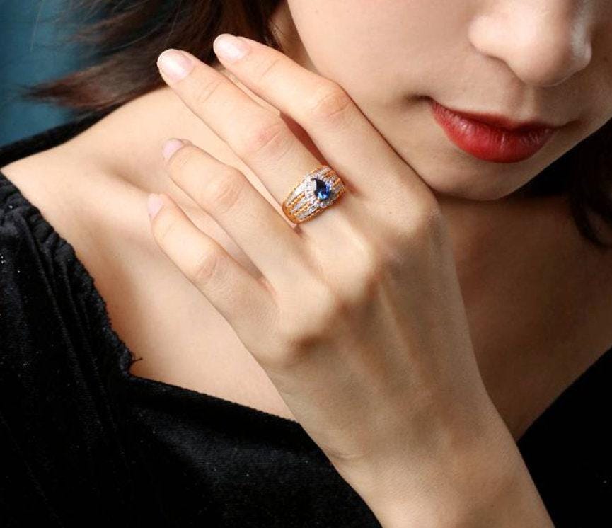 Blue Sapphire Diamond Ring - 18K Two Tone Gold