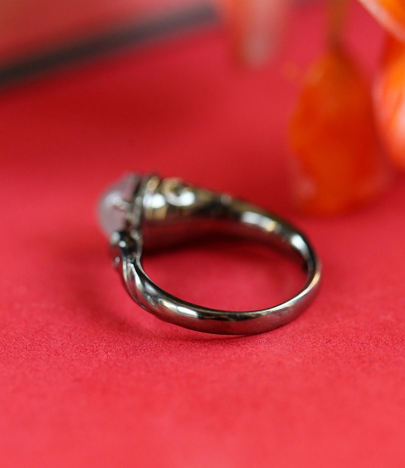 White Jade Cabochon Ring with Diamond Accents in 18K Black Gold