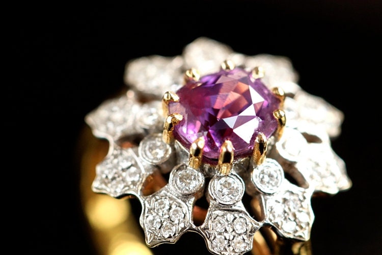 Flower Design Purple Spinel & Diamond Ring - 18K Yellow Gold