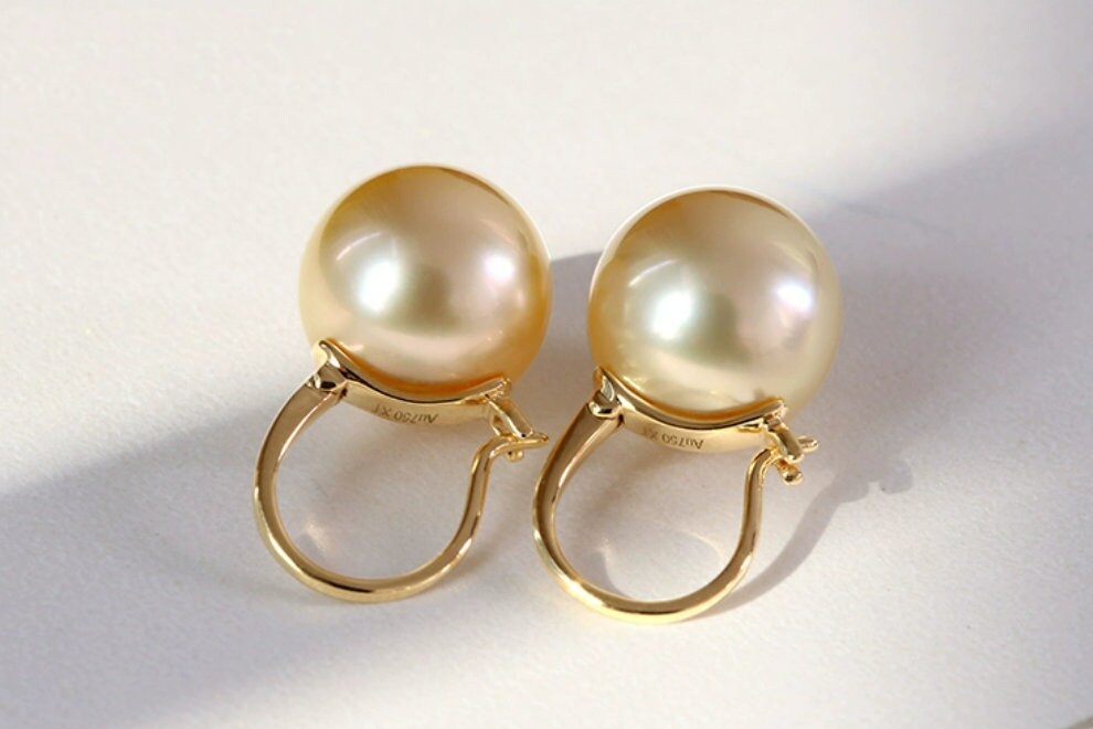 Exquisite 14mm Golden Pearl Hoop Earrings in 18K Yellow Gold