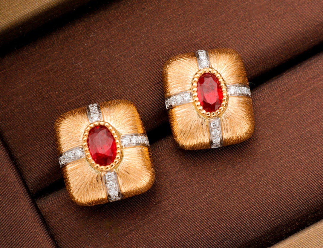 Pigeon Blood Ruby 18K Vintage Earrings with Italian Brush Finish