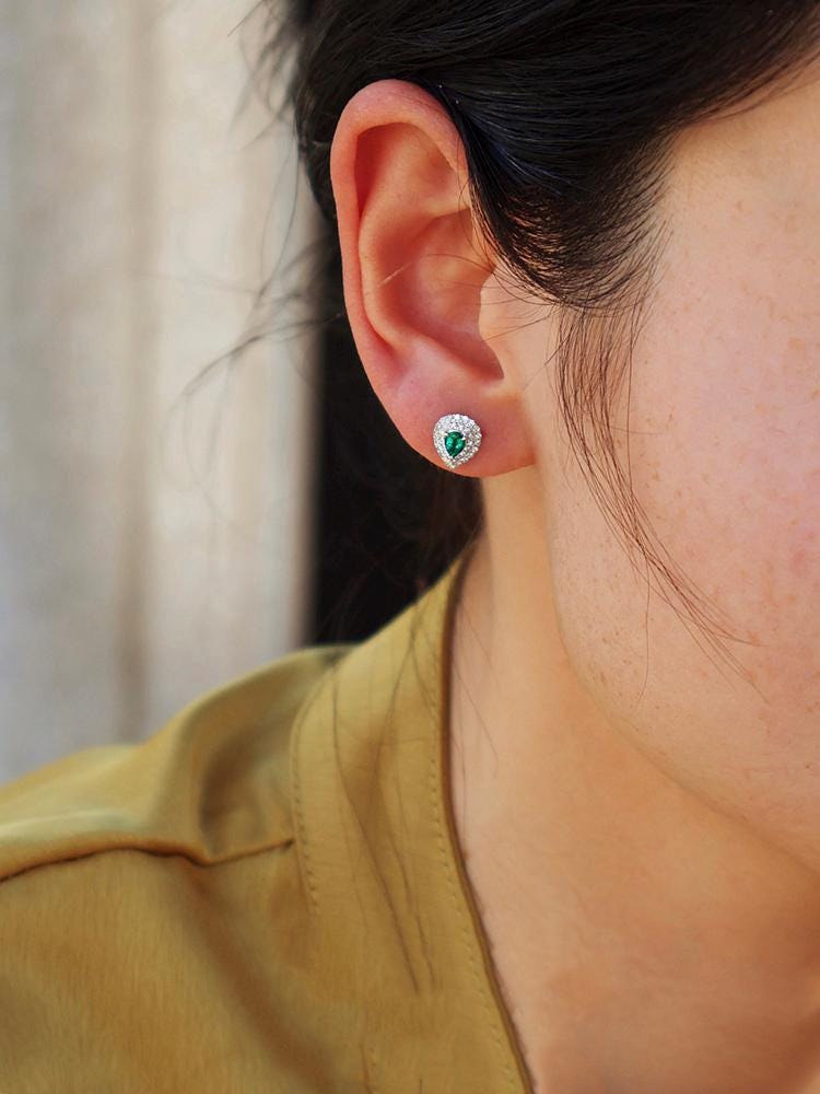 Emerald Teardrop Earrings with Double Diamond Halo in Platinum 950