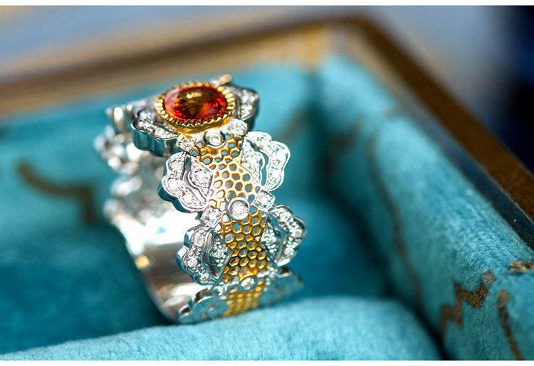 Italian Crafted 18K Two Tone Gold Ring - Sapphire Garnet Diamond
