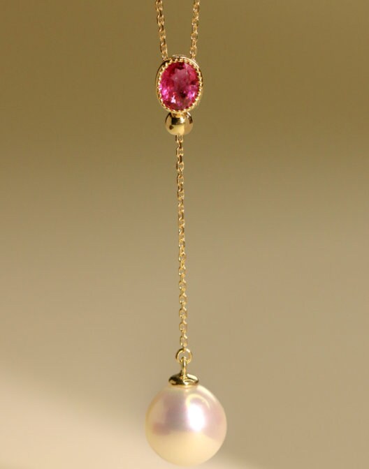 Red Tourmaline & 8mm Akoya Pearl Necklace - 18K Yellow Gold