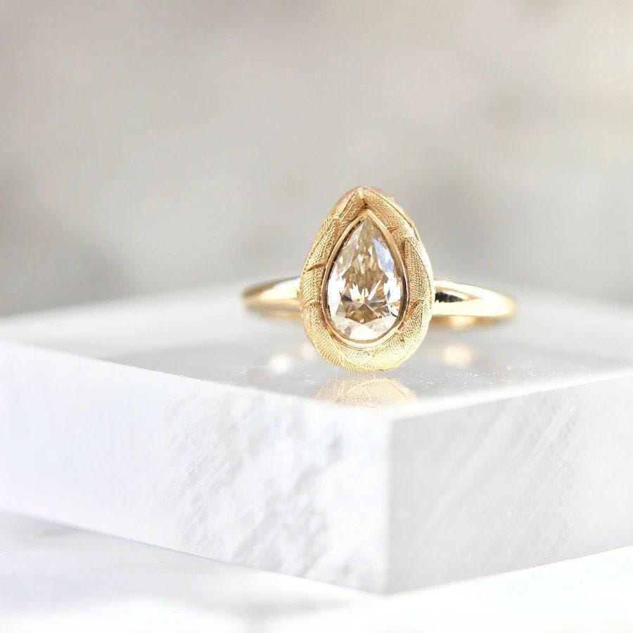 Champagne Diamond Pear Engagement Ring - 18K Yellow Gold